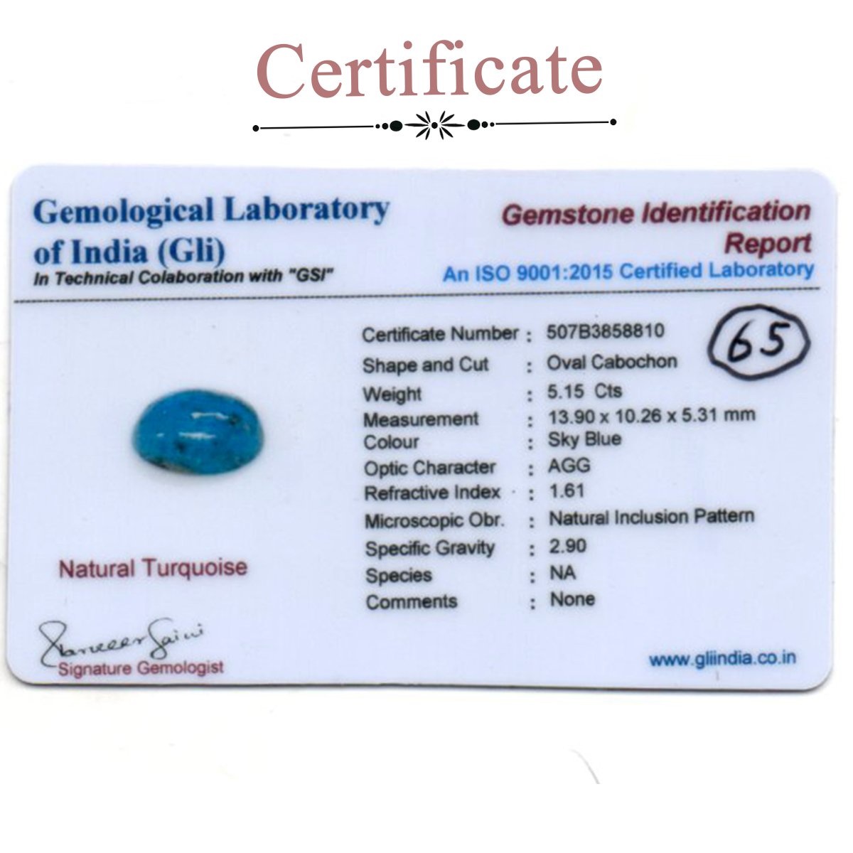 d0925-rg-fr-ir-65-3-certificate 5.15 carats Turquoise ( 5.72 ratti Firoza ) - Image 3