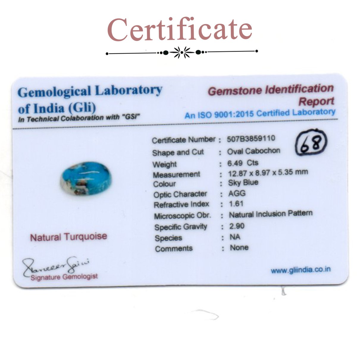 d0925-rg-fr-ir-68-3-certificate 6.49 carats Turquoise ( 7.21 ratti Firoza ) - Image 3