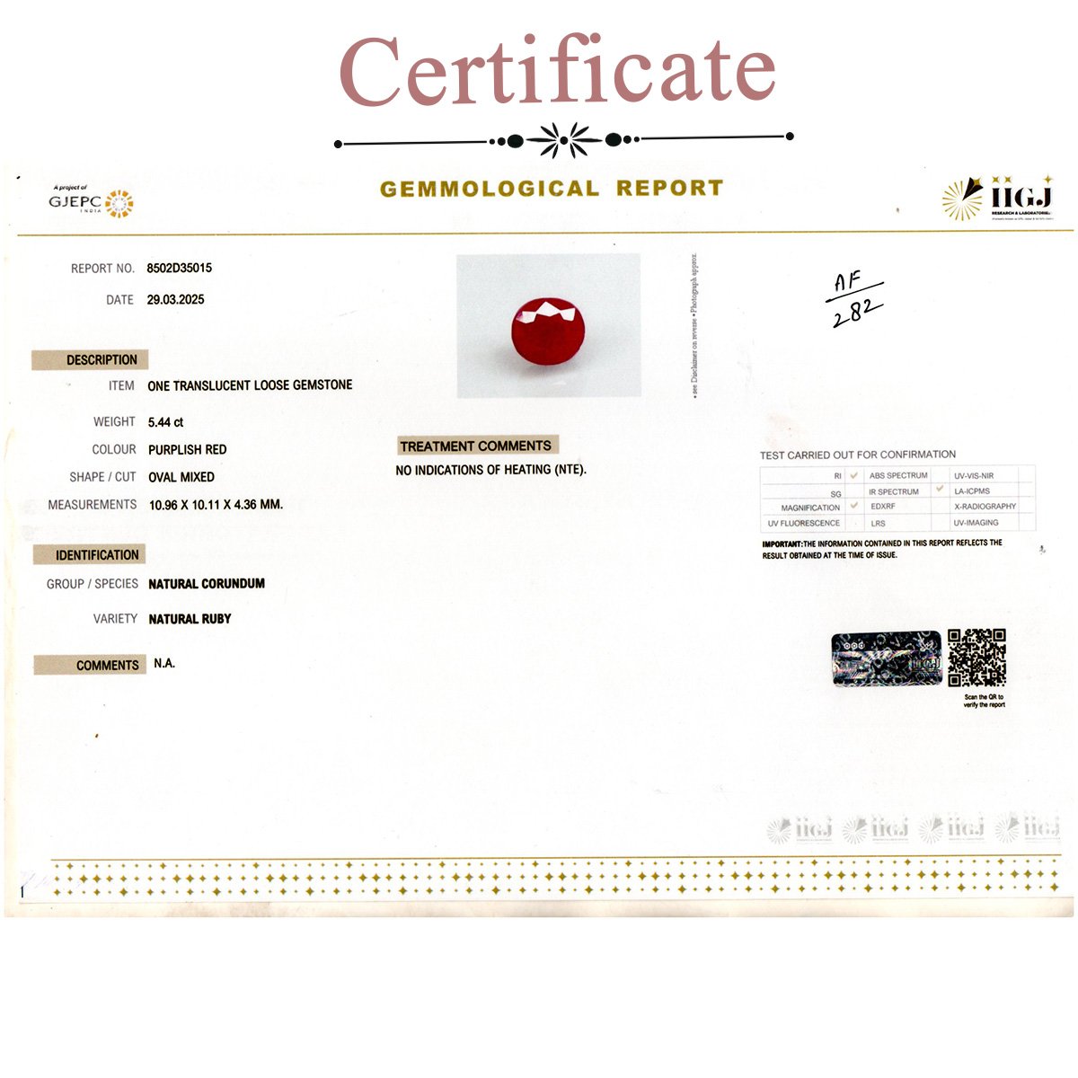 d0925-rg-ry-af-282-3-certificate 5.44 carats Ruby ( 6.04 ratti Manik ) - Image 3