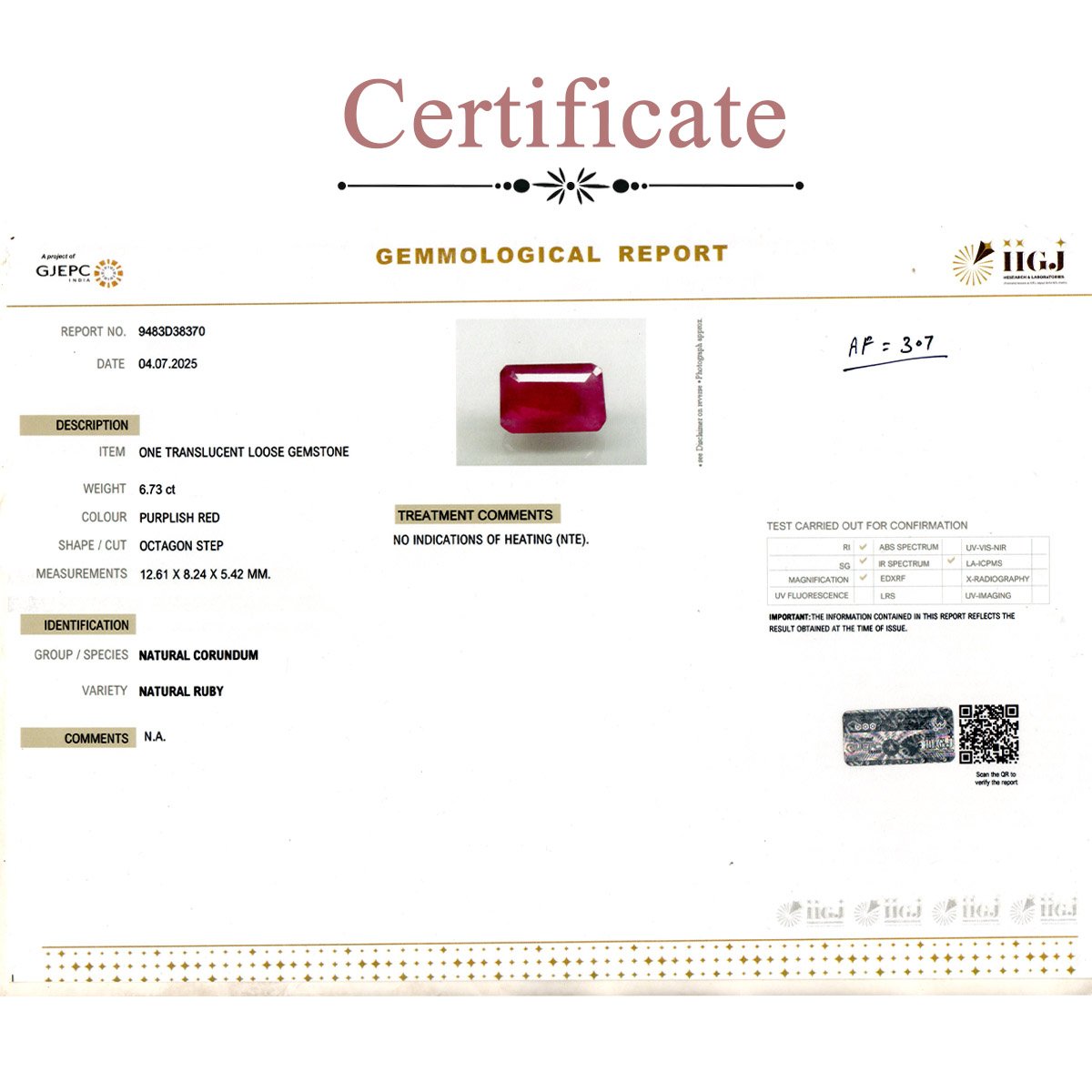 d0925-rg-ry-af-307-3-certificate 6.73 carats Ruby ( 7.48 ratti Manik ) - Image 3