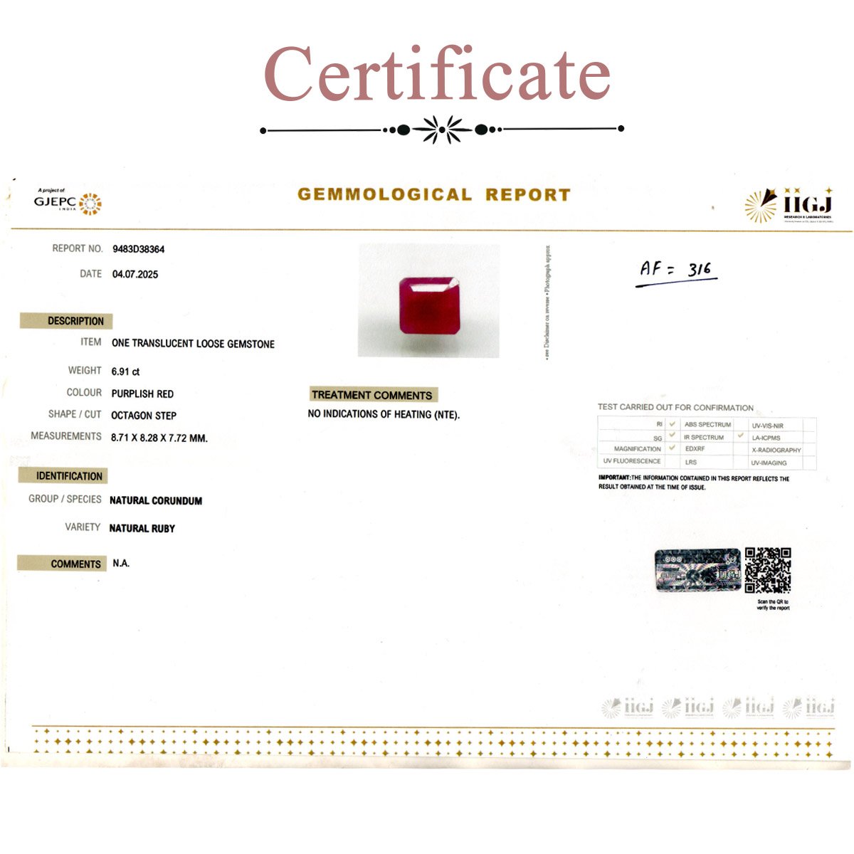 d0925-rg-ry-af-316-3-certificate 6.91 carats Ruby ( 7.68 ratti Manik ) - Image 3