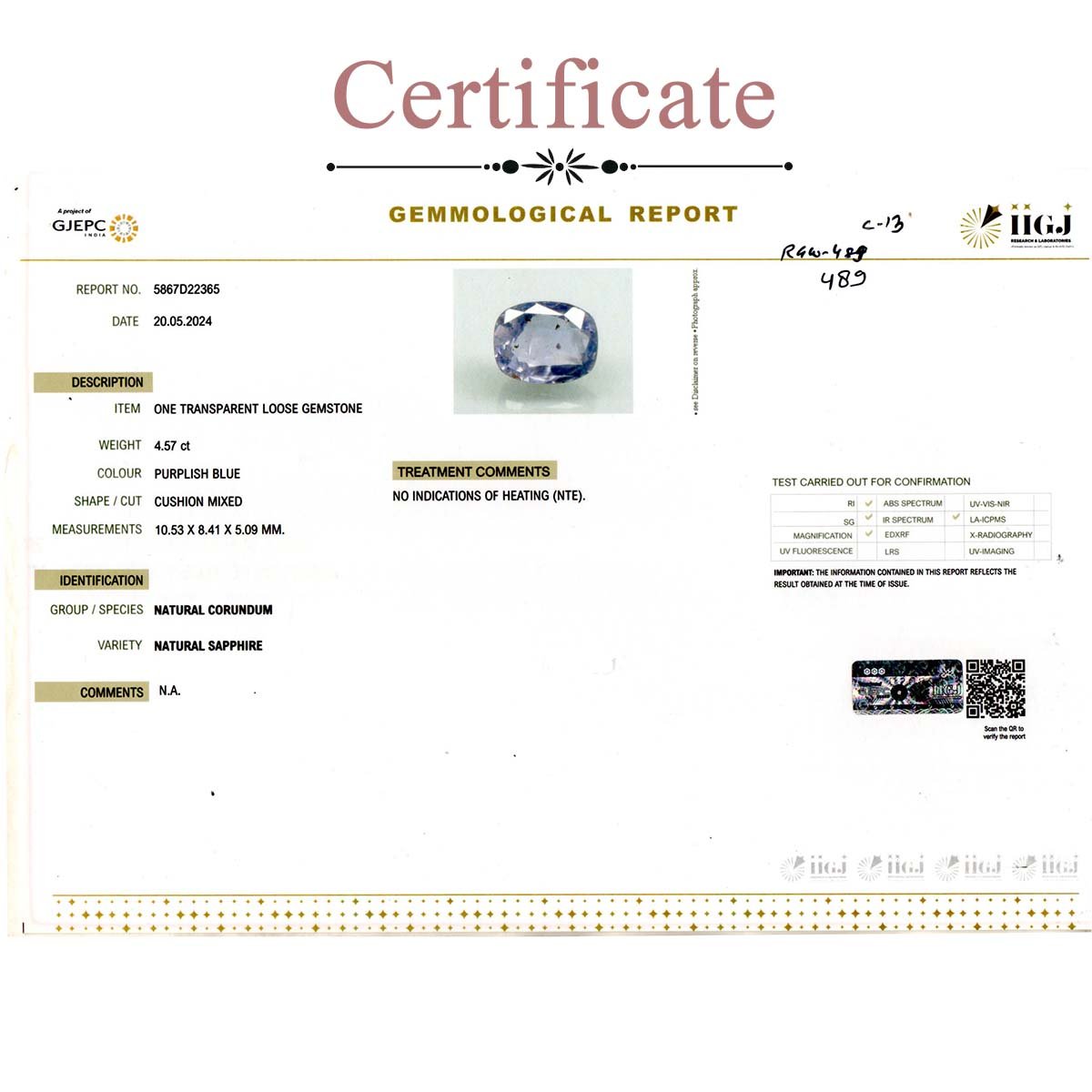 d0925-rgw-khooni-n-489-3-certificate 4.57 carats Purple Sapphire ( 5.08 ratti Khooni Neelam ) - Image 3