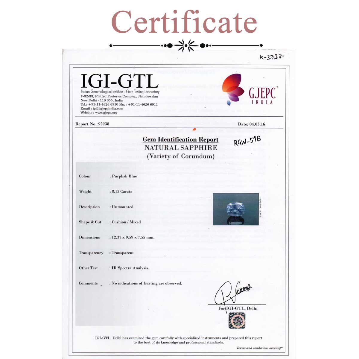 d0925-rgw-khooni-n-518-3-certificate 8.15 carats Purple Sapphire ( 9.06 ratti Khooni Neelam ) - Image 3