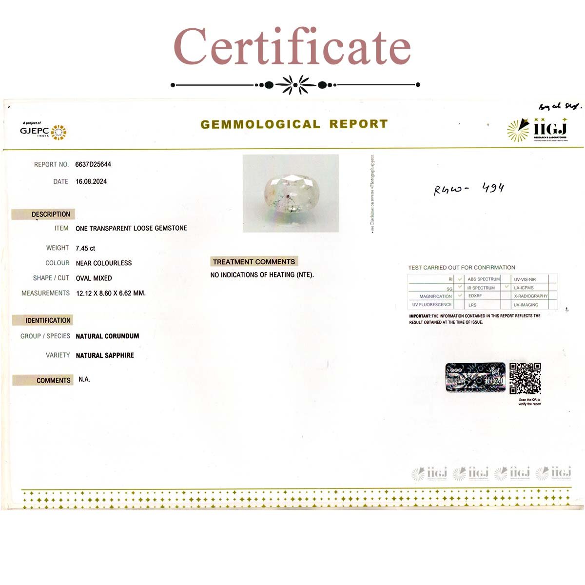 d0925-rgw-wpuk-494-3-certificate 7.45 carats White Sapphire ( 8.28 ratti Safed Pukhraj ) - Image 3