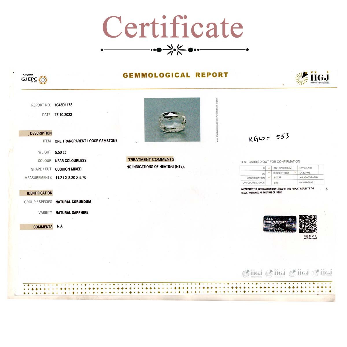 d0925-rgw-wpuk-553-3-certificate 5.5 carats White Sapphire ( 6.11 ratti Safed Pukhraj ) - Image 3