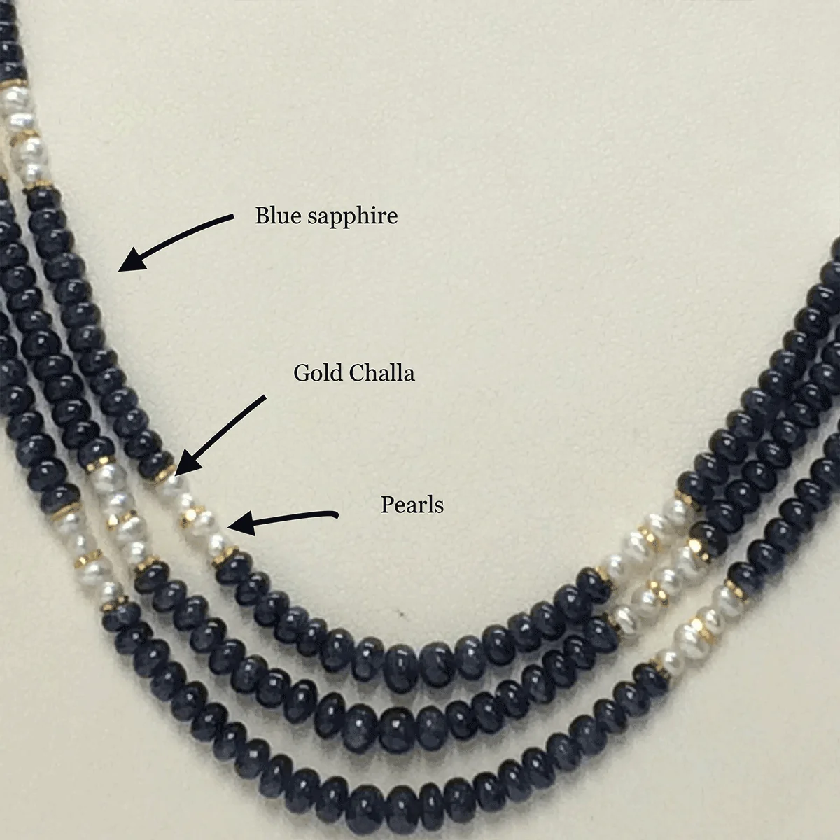 Blue Sapphire & Pearl Beads Necklace with Gold Challa ( Neelam Moti Mala ) - Image 2