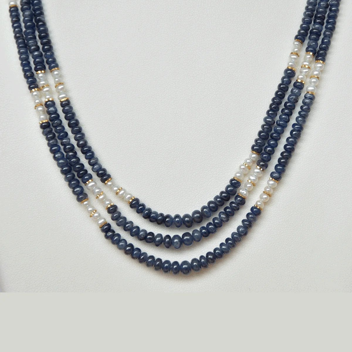 Blue Sapphire & Pearl Beads Necklace with Gold Challa ( Neelam Moti Mala ) - Image 5