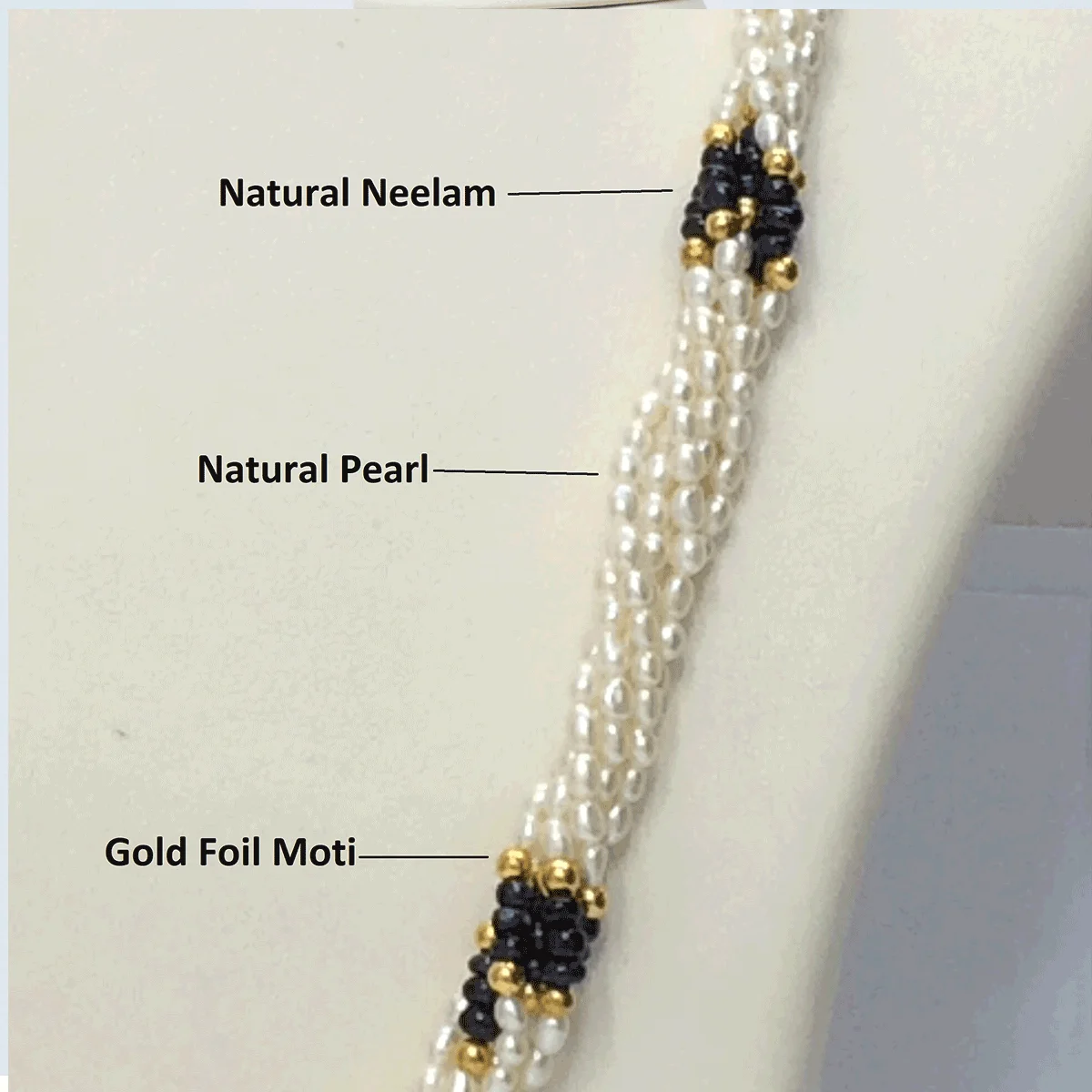 Pearl and Blue Sapphire Beads Mala with Gold Foil Beads - Image 2