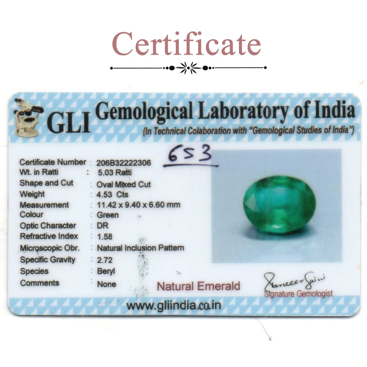 rg-em-653-3-certificate 4.53 Carats Emerald ( 5.03 Ratti Panna ) - Image 3
