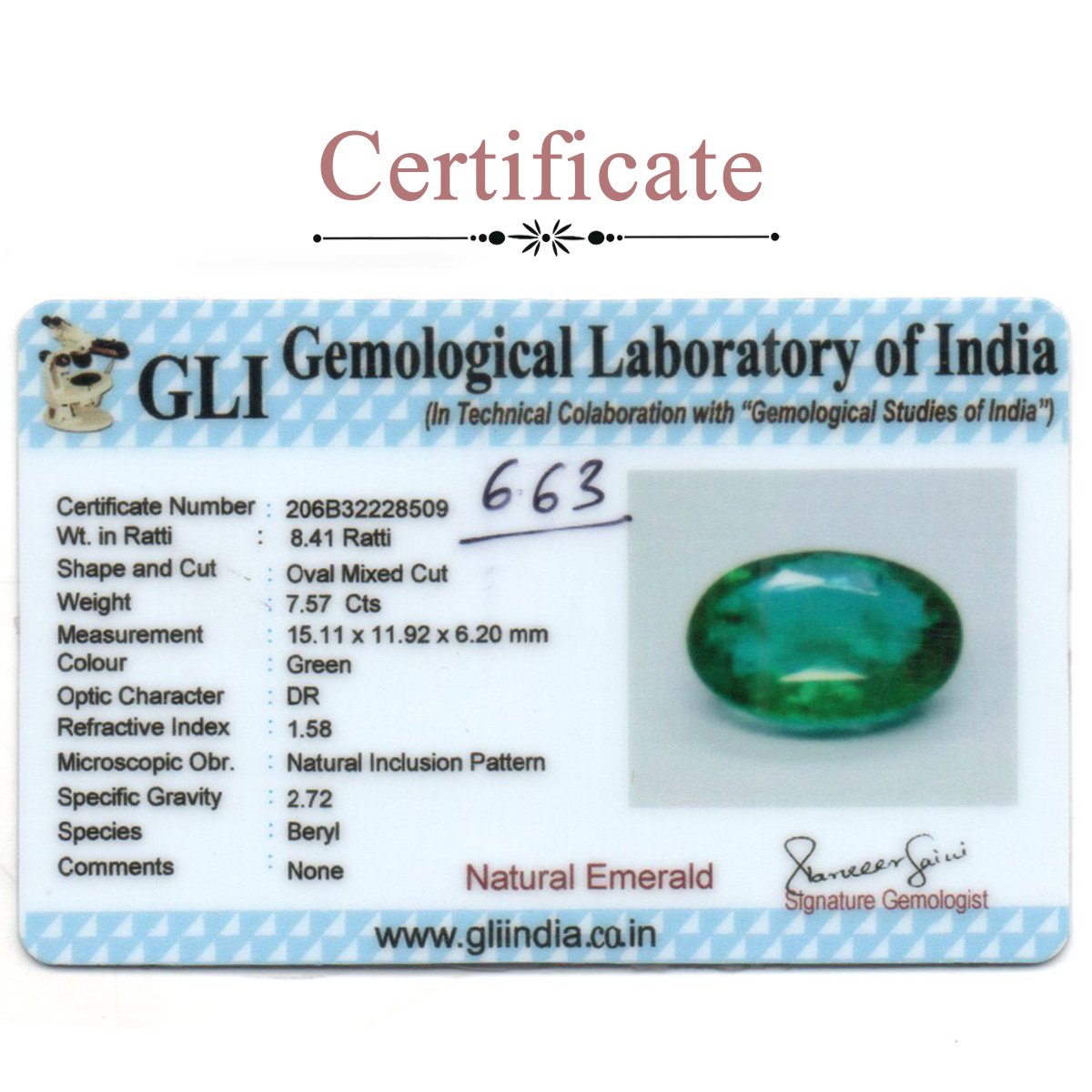 rg-em-663-3-certificate 7.57 Carats Emerald ( 8.41 Ratti Panna ) - Image 3
