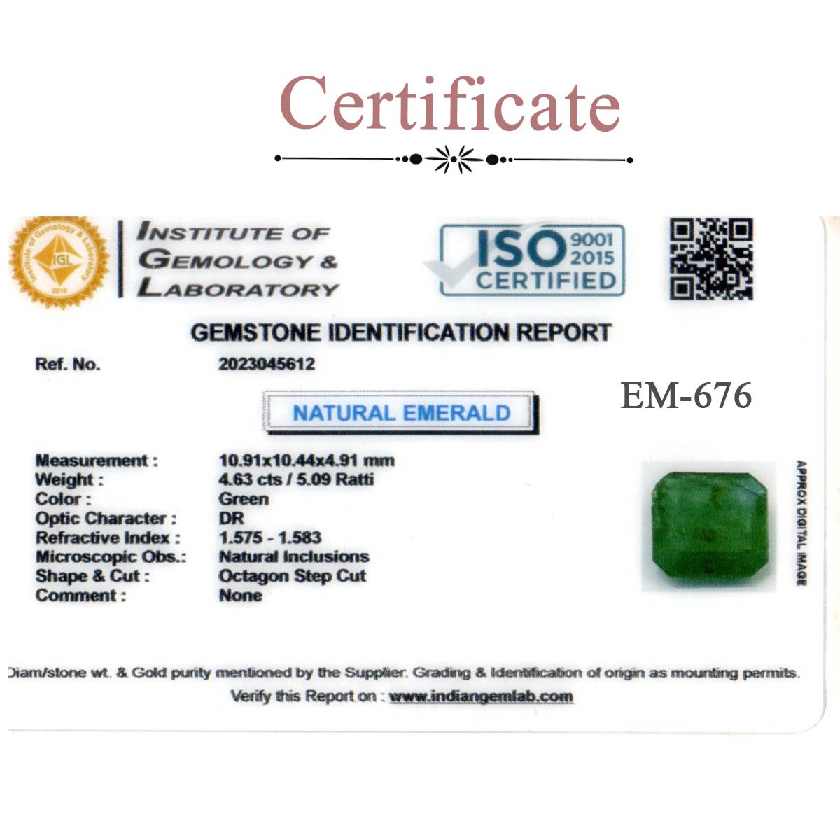 rg-em-676-3 Certificate 4.63 Carats Emerald ( 5.09 Ratti Panna ) - Image 3