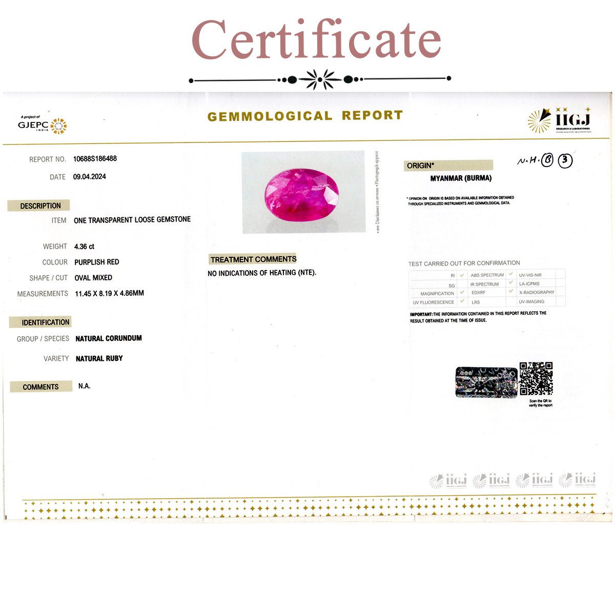rg-ry-br-3-3 Certificate 4.35 Carats Ruby ( 4.83 Ratti Manak ) - Image 3