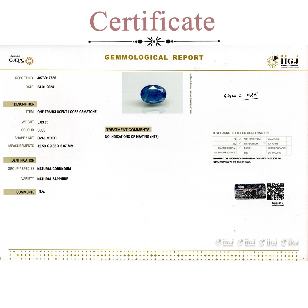 rgw-n-025-3 Certificate 5.83 Carats  Blue Sapphire ( 6.48 Ratti Neelam ) - Image 3