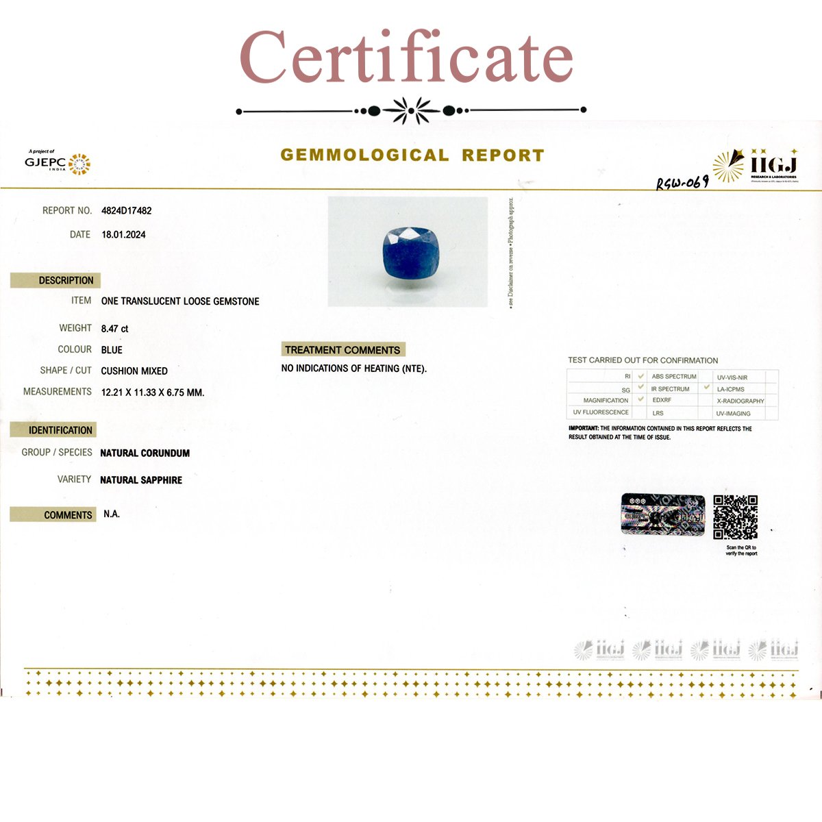 rgw-n-069-3 Certificate 8.47 Carats  Blue Sapphire ( 9.41 Ratti Neelam ) - Image 3