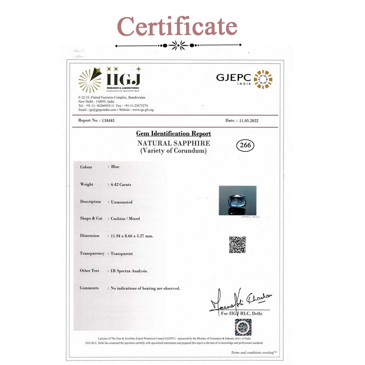 rgw-n-266-3 Certificate 6.42 Carats Blue Sapphire ( 7.13 Ratti Neelam ) - Image 3
