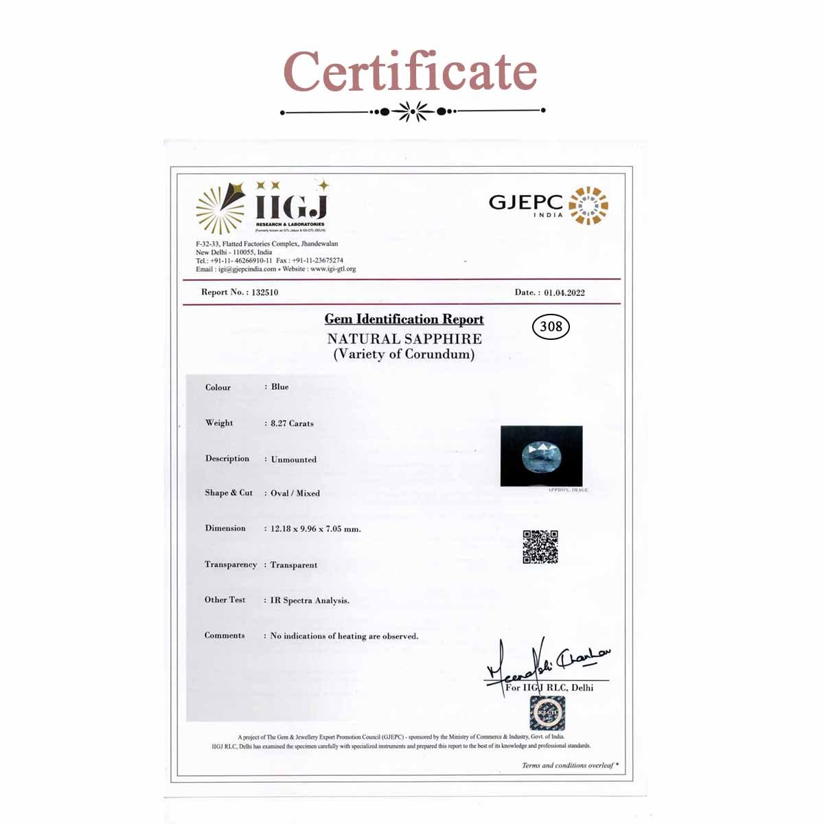 rgw-n-308-3 Certificate 8.27 Carats Blue Sapphire ( 9.19 Ratti Neelam ) - Image 3
