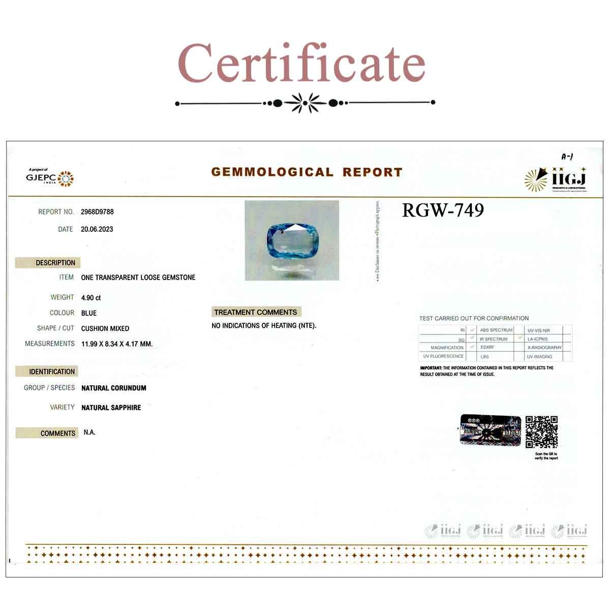 rgw-n-749-3 Cetificate 4.9 Carats Blue Sapphire ( 5.44 Ratti Neelam ) - Image 3