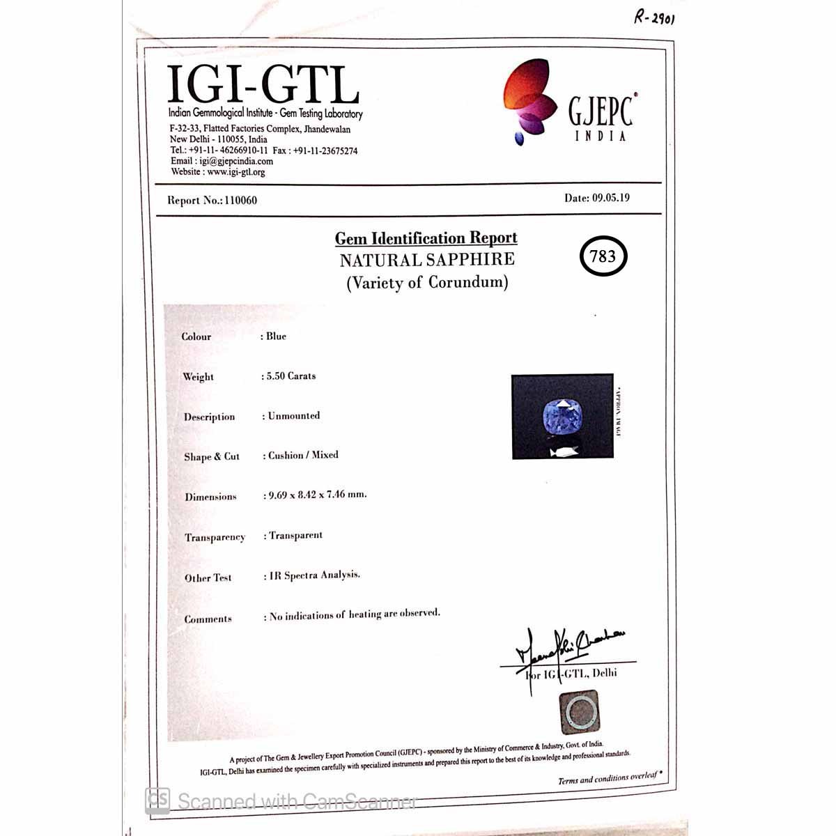 rgw-n-783-3 Certificate 5.5 Carats Blue Sapphire ( 6.11 Ratti Neelam ) - Image 3