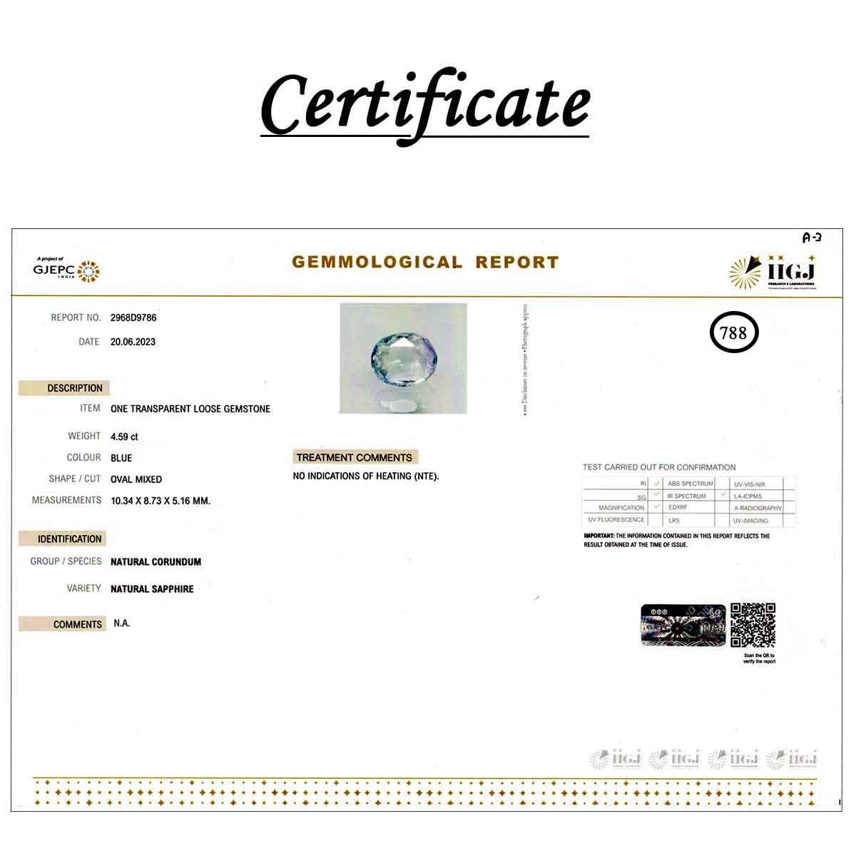 rgw-n-788-3 Certificate 4.59 Carats Blue Sapphire ( 5.1 Ratti Neelam ) - Image 3