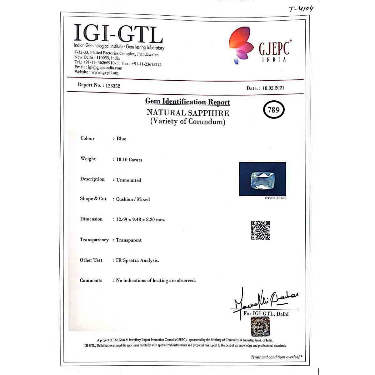 rgw-n-789-3 Certificate 10.1 Carats Blue Saphhire ( 11.22 Ratti Neelam ) - Image 3