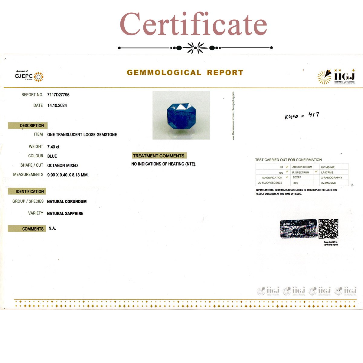 rgw-nlm-417-3-certificate 7.4 Carats Blue Sapphire ( 8.22 Ratti Neelam ) - Image 3