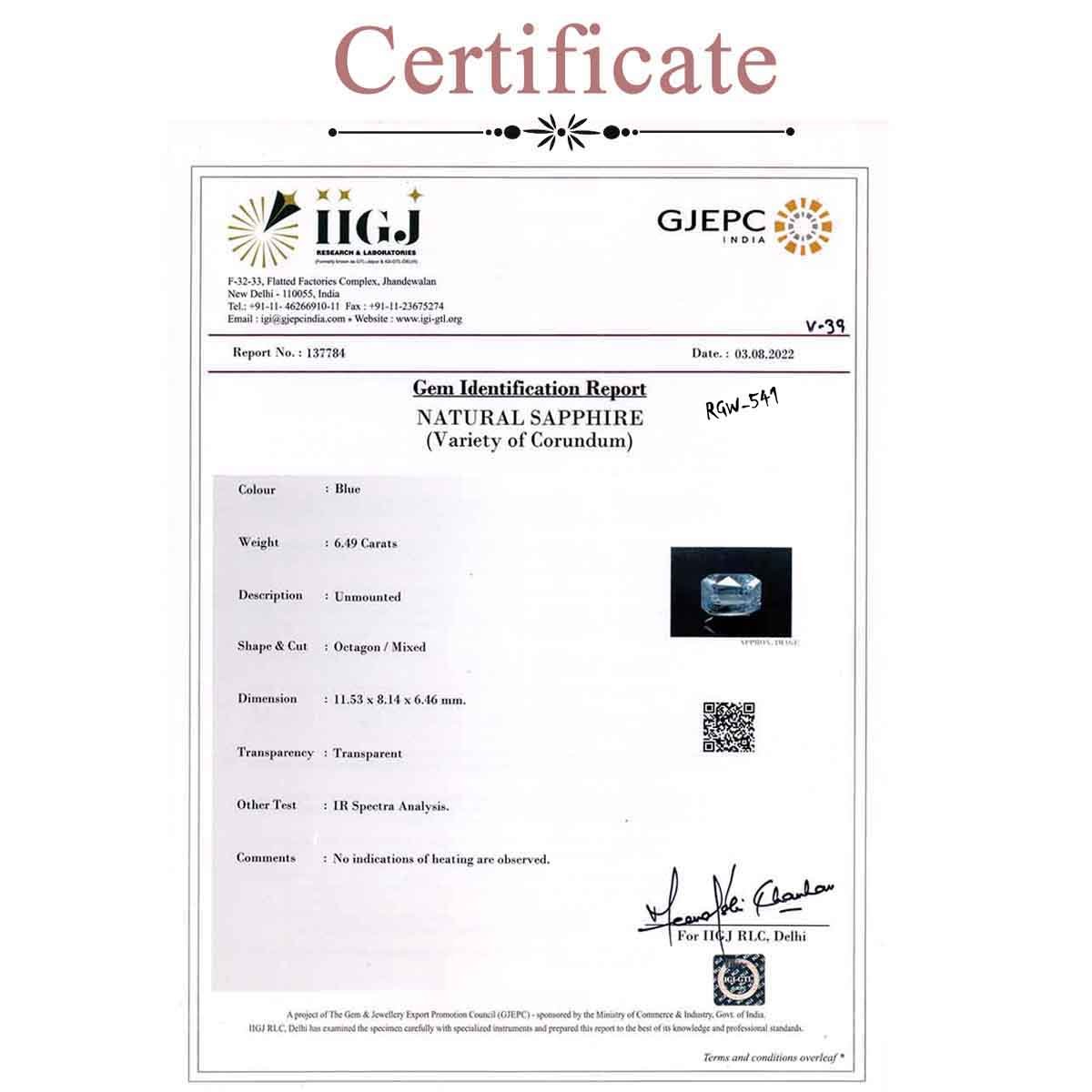 rgw-nlm-541-3-certificate 6.49 Carats Blue Sapphire ( 7.21 Ratti Neelam ) - Image 3