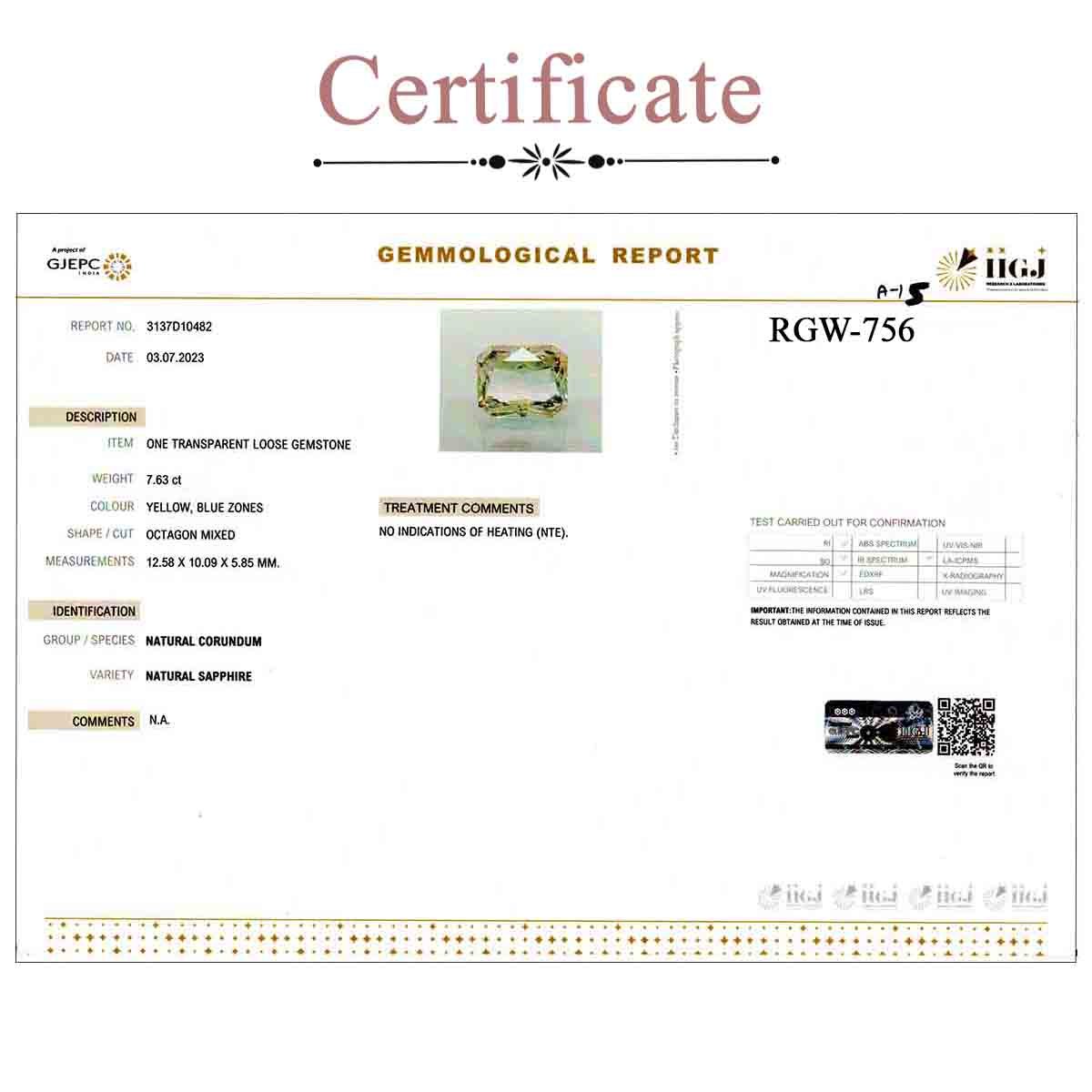 rgw-pita-756-3 Certificate 7.63 Carats  Yellow Sapphire ( 8.48 Ratti Pukhraj ) - Image 3