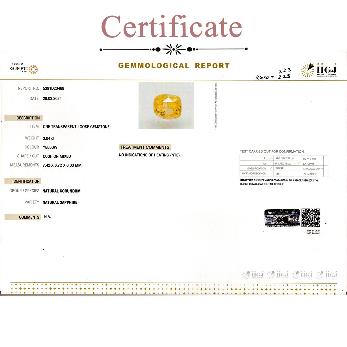 rgw-puk-223-3 Certificate 3.04 Carats Yellow Sapphire ( 3.38 Ratti Pukhraj ) - Image 3