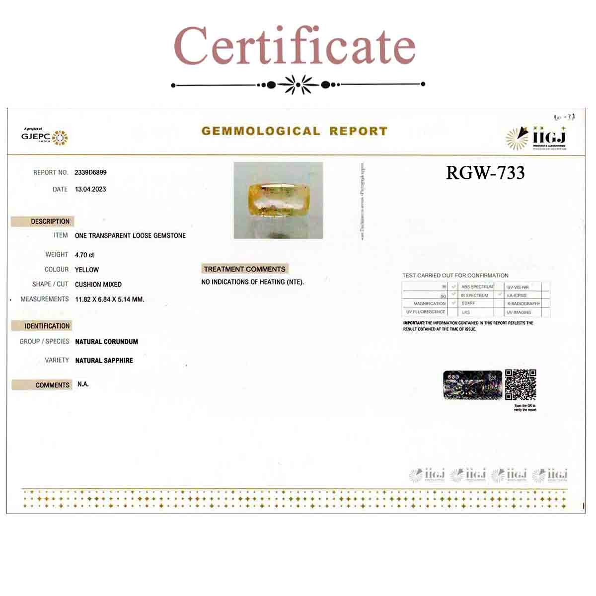 rgw-puk-733-3 Certificate 4.7 Carats  Yellow Sapphire ( 5.22 Ratti Pukhraj ) - Image 3