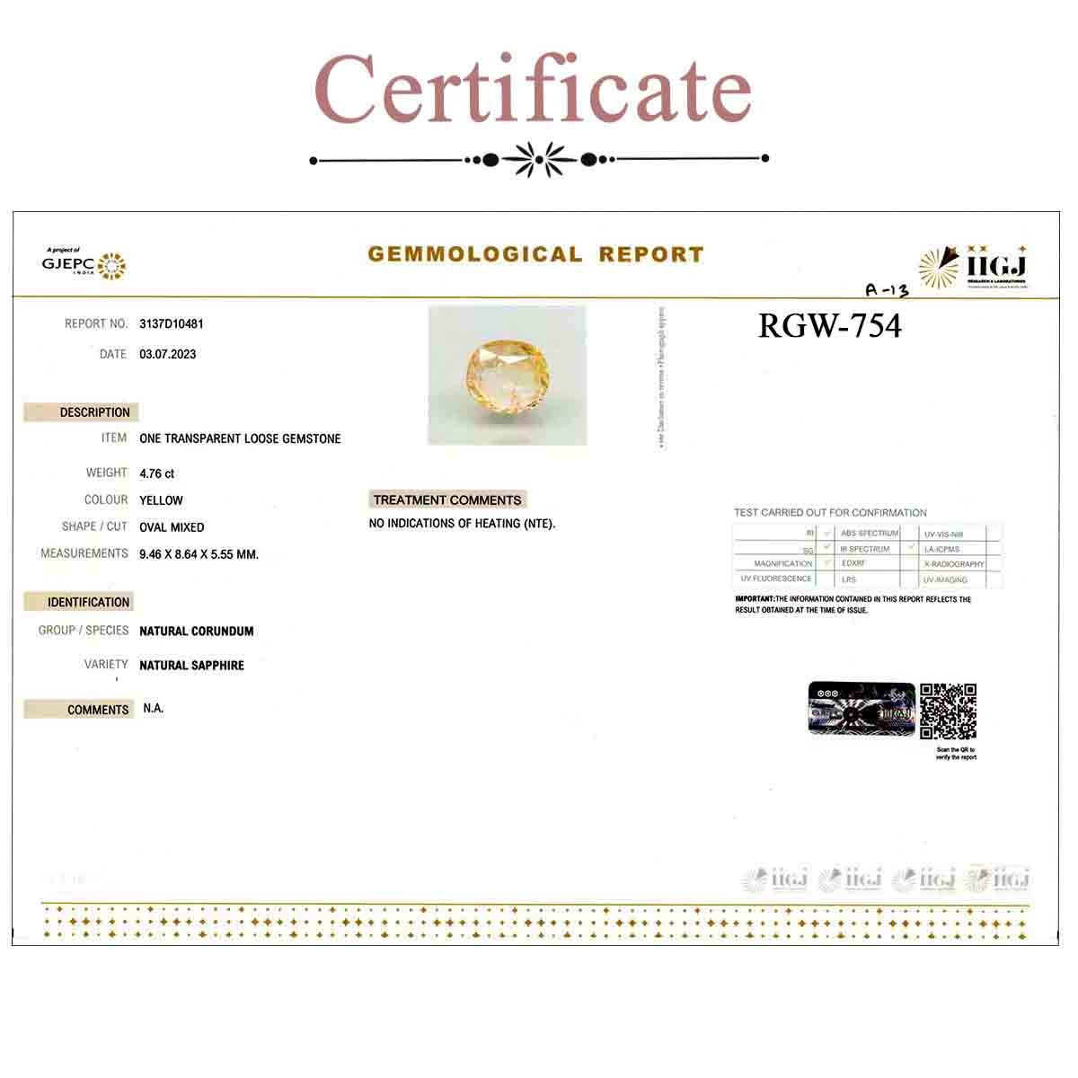 rgw-puk-754-3 Certificate 4.76 Carats  Yellow Sapphire ( 5.29 Ratti Pukhraj ) - Image 3