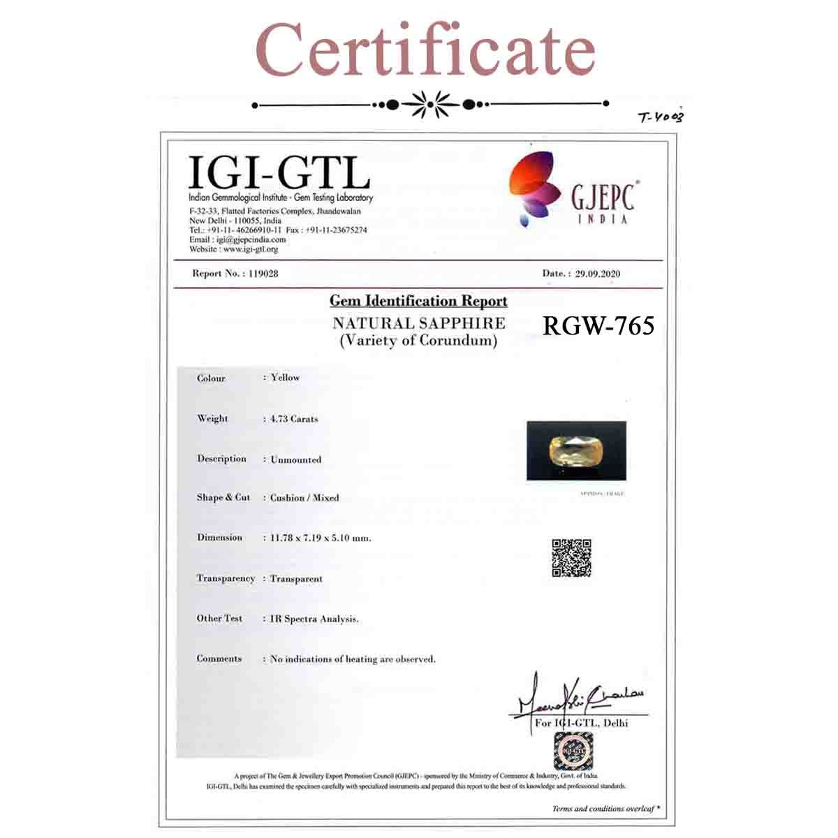 rgw-puk-765-3 Certificate 4.73 Carats  Yellow Sapphire ( 5.26 Ratti Pukhraj ) - Image 3