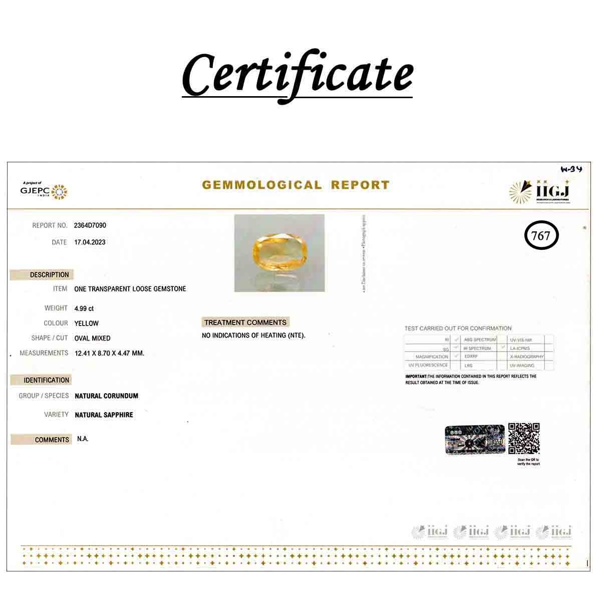 rgw-puk-767-3 Certificate 4.99 Carats  Yellow Sapphire ( 5.54 Ratti Pukhraj ) - Image 3