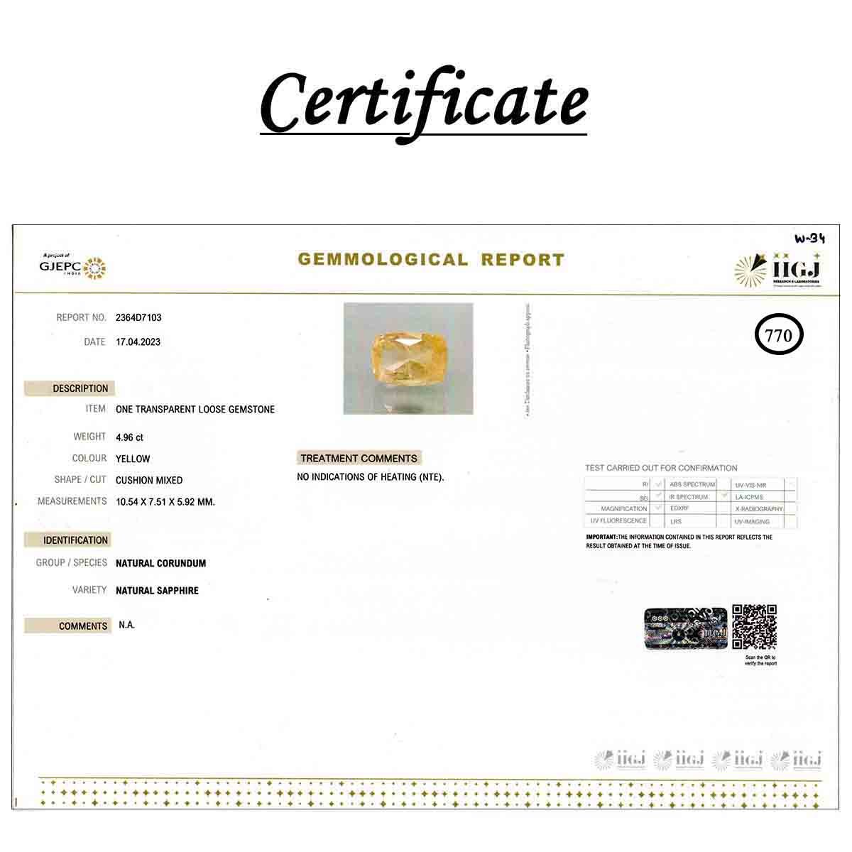 rgw-puk-770-3 Certificate 4.96 Carats  Yellow Sapphire ( 5.51 Ratti Pukhraj ) - Image 3