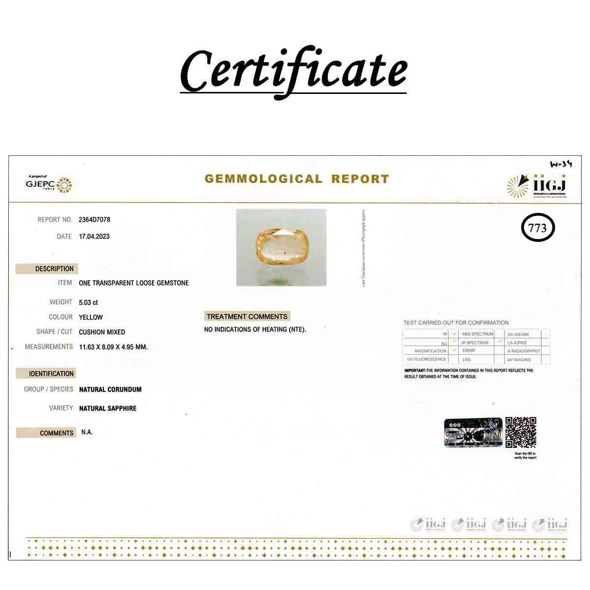 rgw-puk-773-3 Certificate 5.03 Carats  Yellow Sapphire ( 5.59 Ratti Pukhraj ) - Image 3
