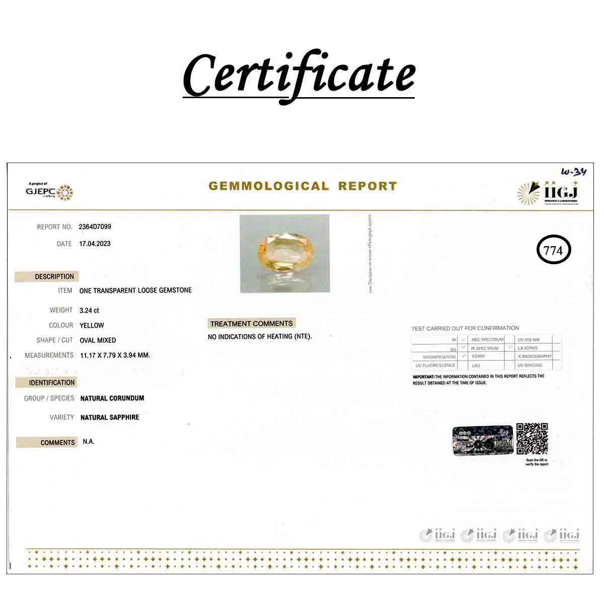 rgw-puk-774-3 Certificate 3.24 Carats  Yellow Sapphire ( 3.6 Ratti Pukhraj ) - Image 3