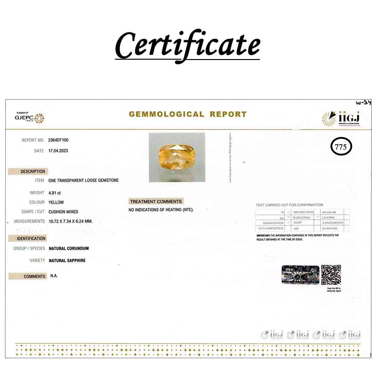 rgw-puk-775-3 Certificate 4.91 Carats  Yellow Sapphire ( 5.46 Ratti Pukhraj ) - Image 3