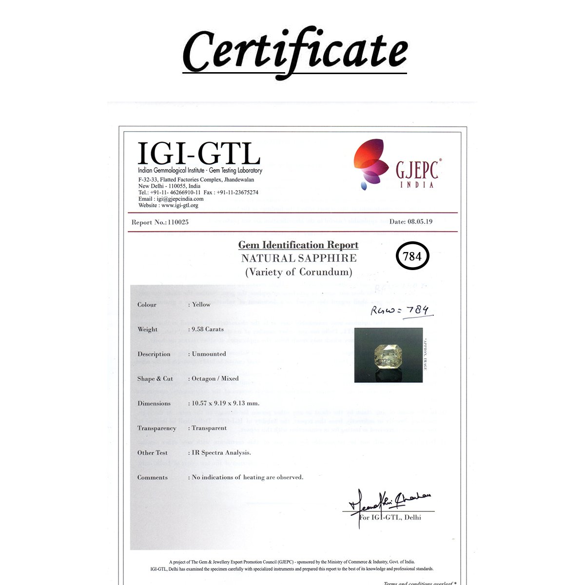 rgw-puk-784-3 Certificate 9.58 Carats Yellow Saphhire ( 10.64 Ratti Pukhraj ) - Image 3