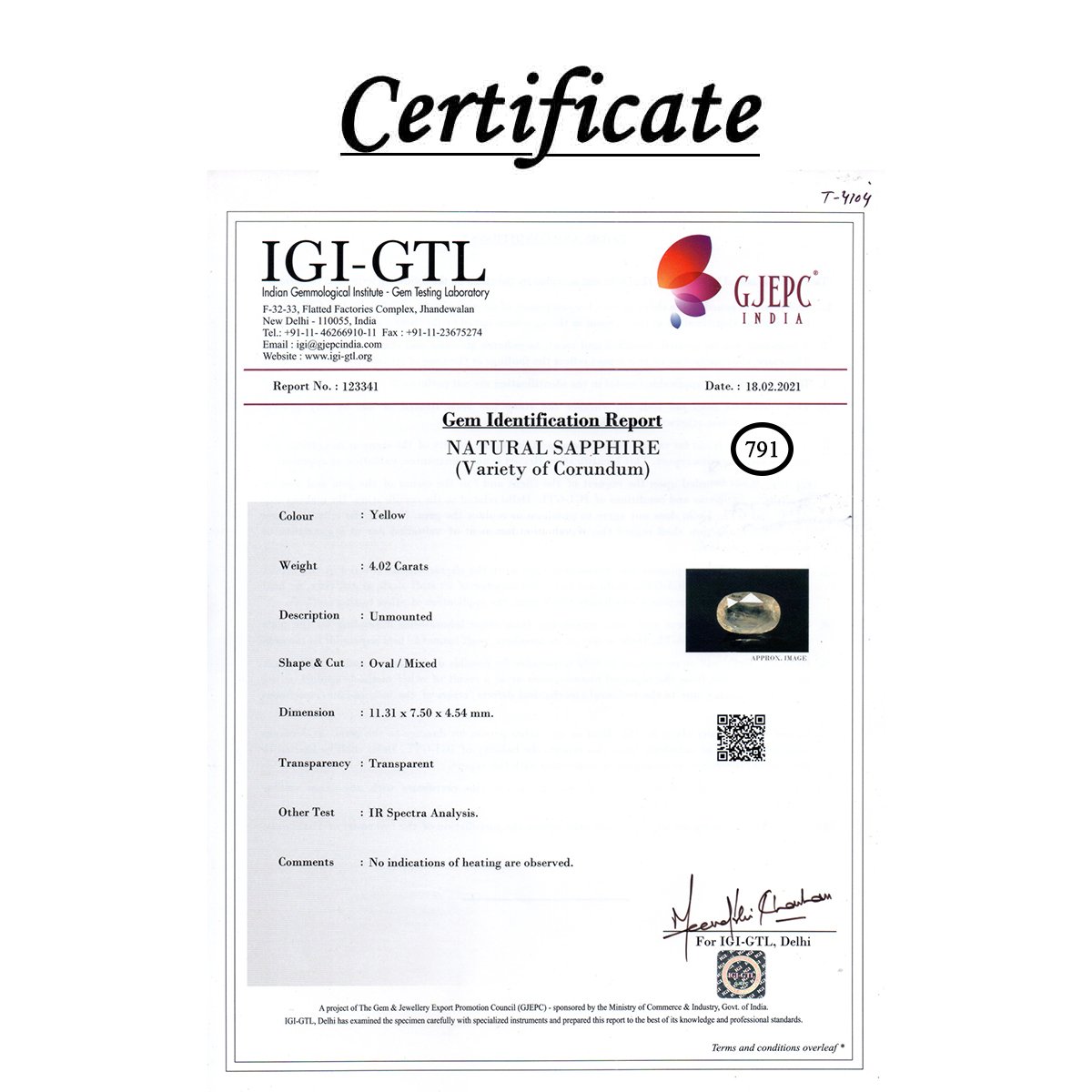 rgw-puk-791-3 Certificate 4.02 Carats Yellow Sapphire ( 4.47 Ratti Pukhraj ) - Image 3